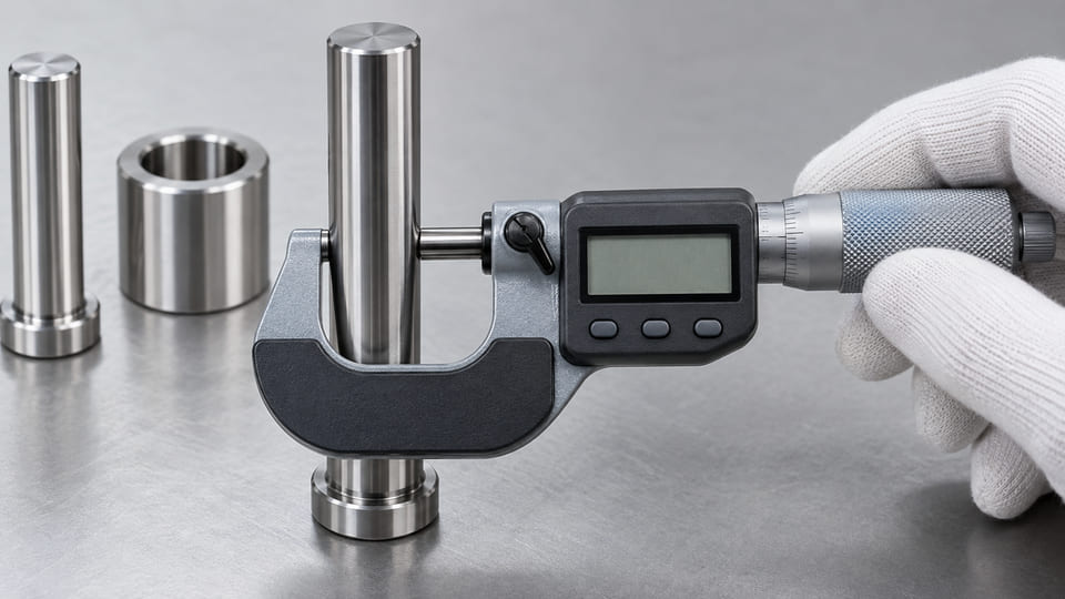 Digital micrometer inspecting a polished guide pin