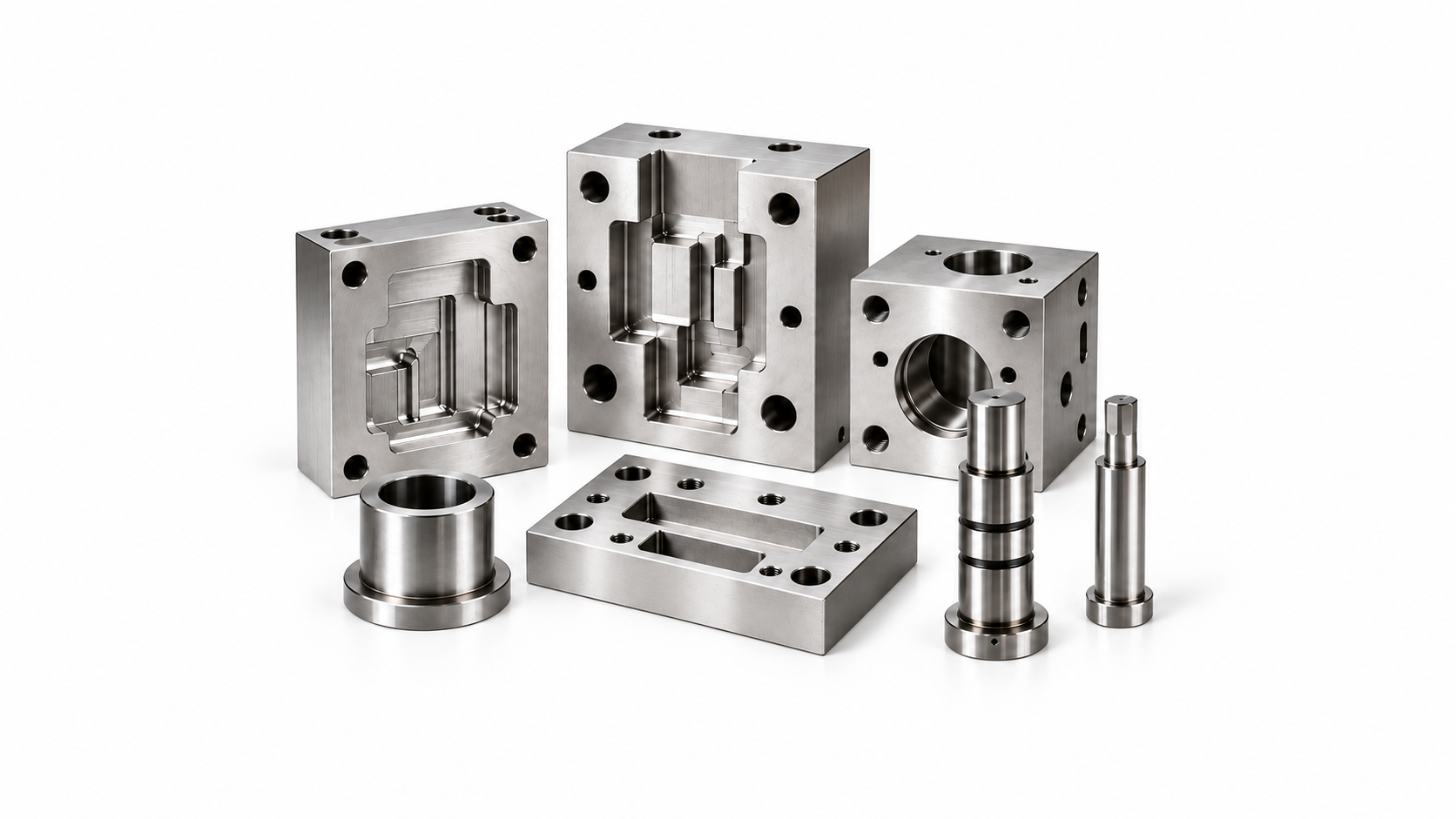 Milled steel blocks and plates with turned shafts, bushings and sleeves on white