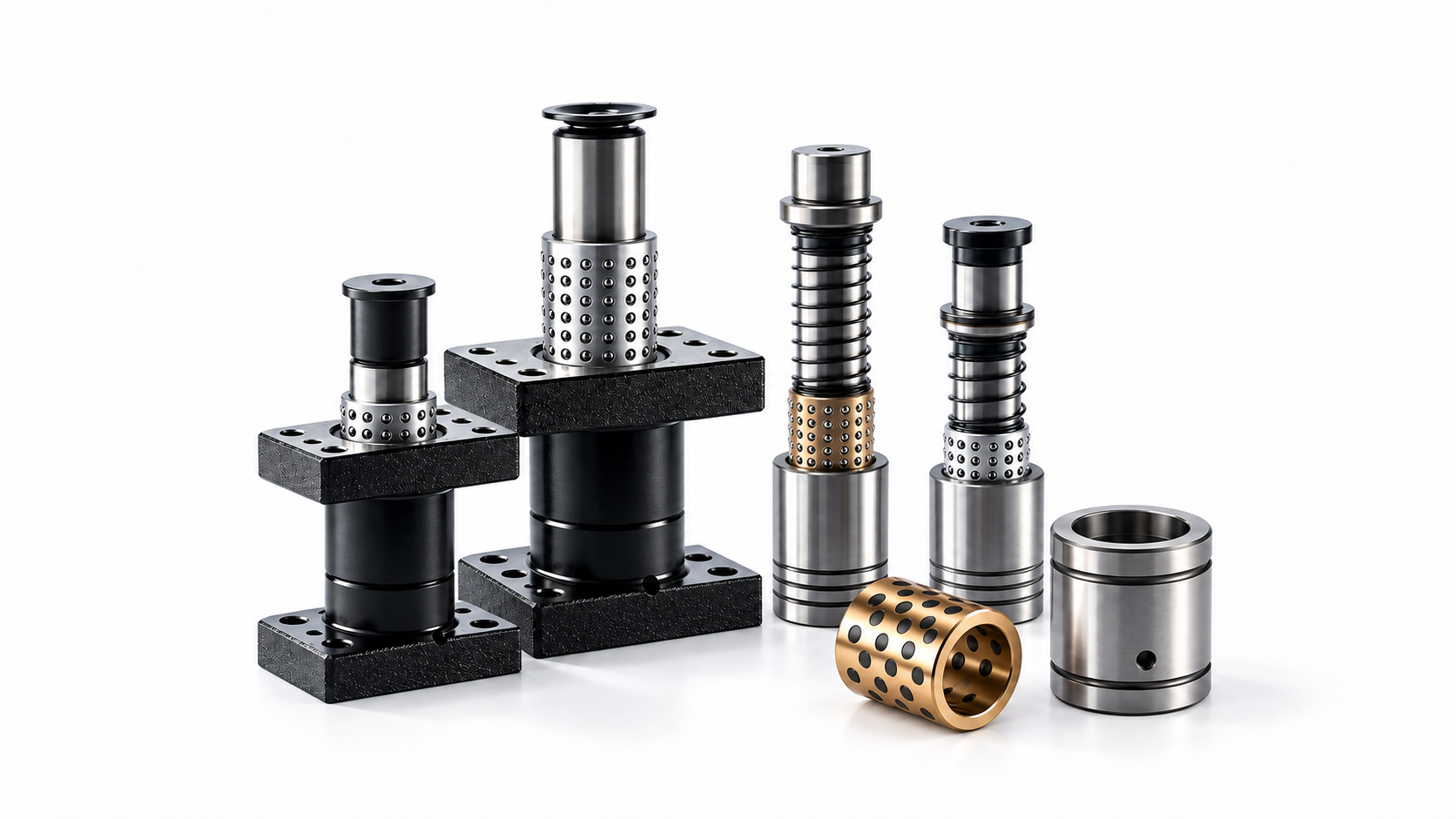 Seated independent guide post sets, die set guide assemblies and bushings on white