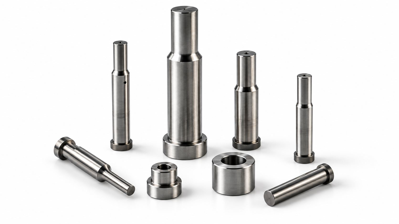 Precision steel punch components and die buttons on a white background