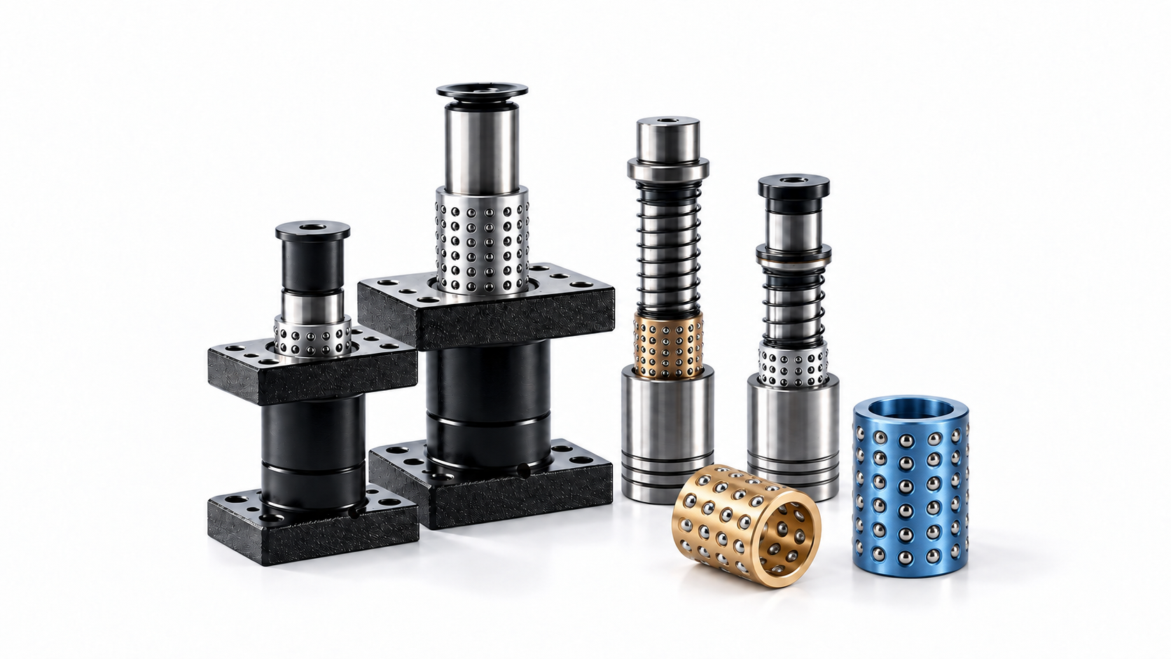 Seated independent guide post sets, die set guide assemblies and bushings on white