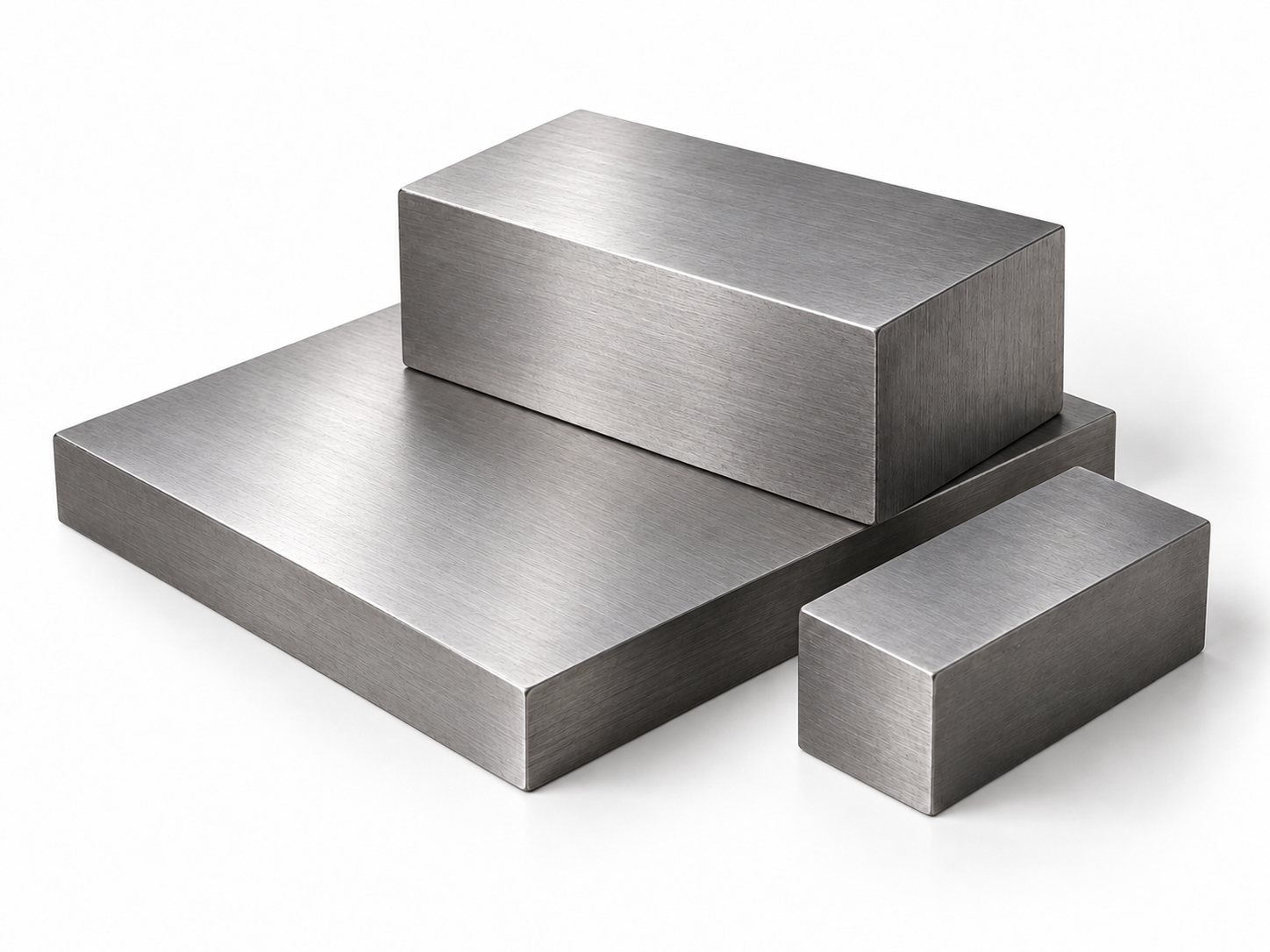 Illustrative steel plate and block stock with fine machined satin faces; not proof of material grade