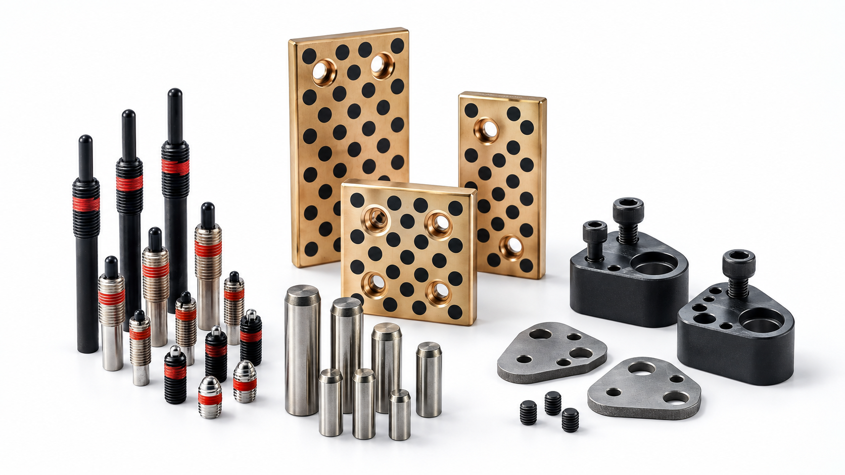 Spring plungers, self-lubricating wear plates, dowel pins and retainers for mold tooling